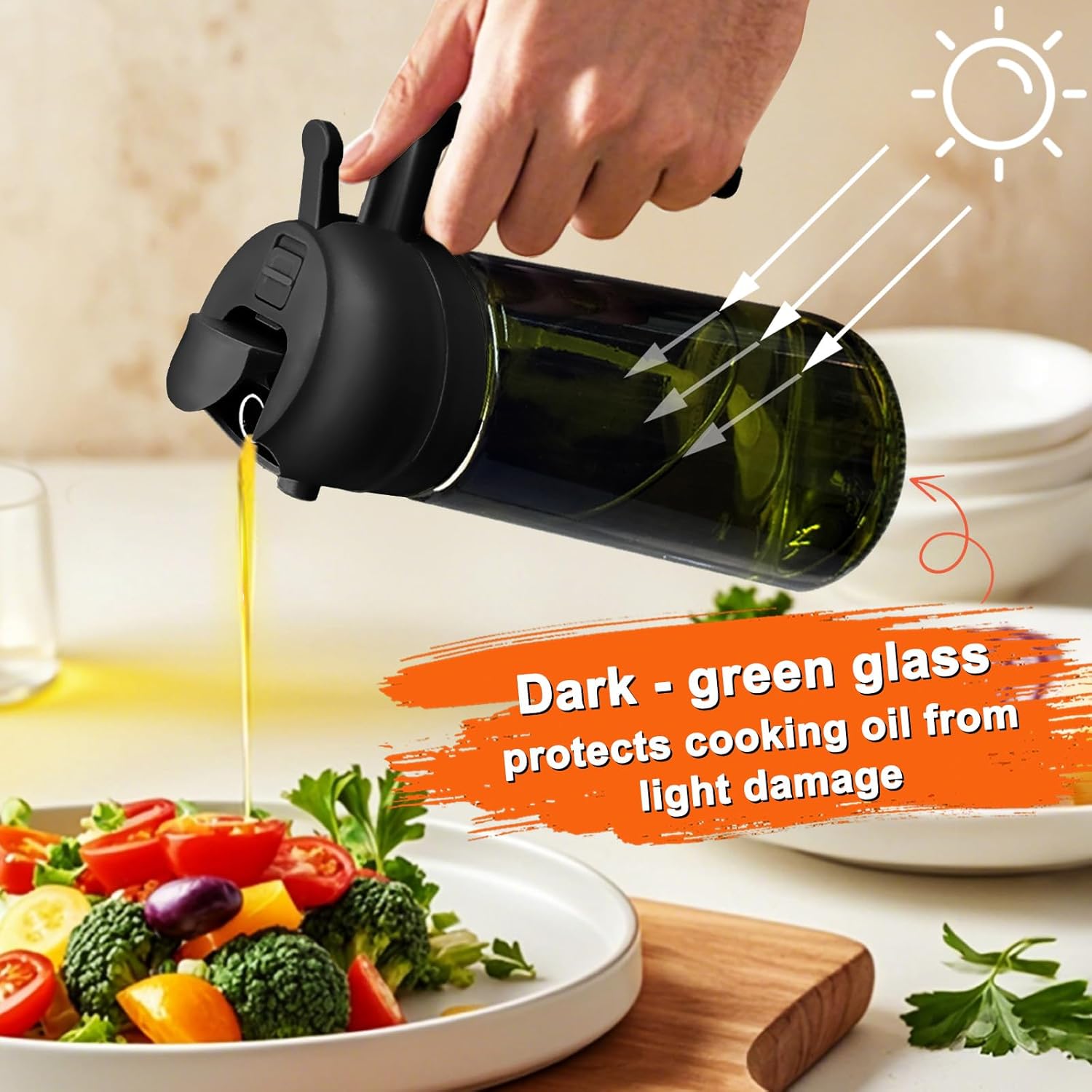 Oil Sprayer for Cooking, 2 in 1 Olive Oil Dispenser Bottle for Kitchen, 16oz/470ml Premium Glass, Food-grade Oil Mister for Air Fryer, Salad, Frying, BBQ (Black   Dark Green Bottle)